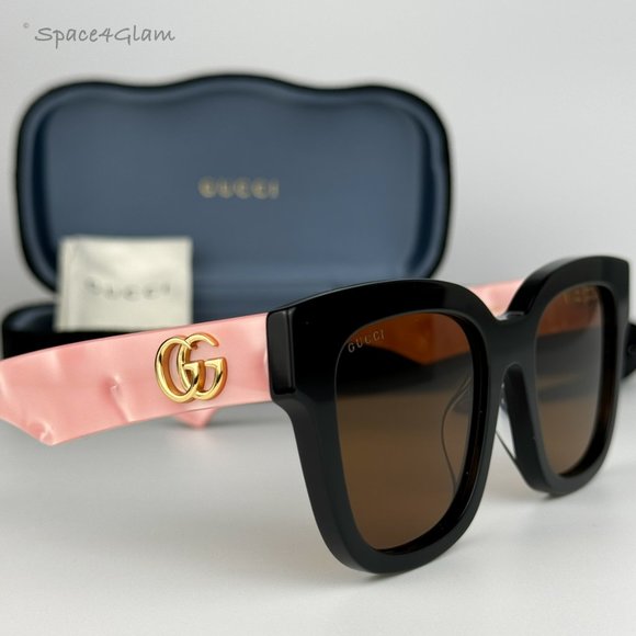 NEW Gucci GG0998S 005 Black Pink Pearl Temples Brown Square Women Sunglasses - Picture 6 of 11